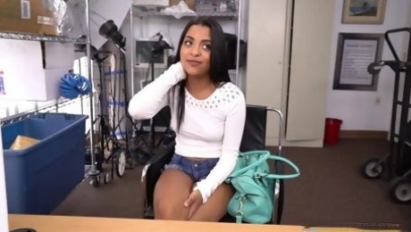 Latina girl with Innocent Eyes suffers on office table with BBC inside her