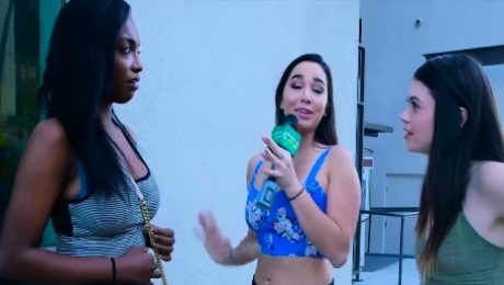 Two pretty girls flashing boobs in public for some cash