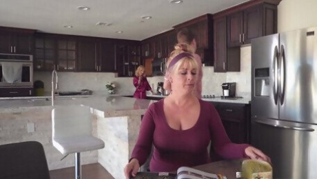 Horny housewife Sarah Jessie rides a dick in the kitchen for a cumshot