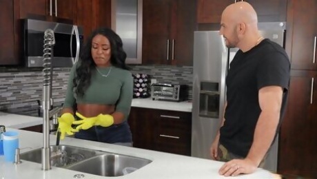 Quickie interracial sex in the kitchen with busty Nyna Stax