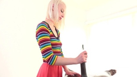 Cute and short blonde girl in colorful stockings Alice Pink gonna ride strong BBC