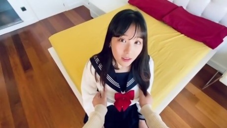 Cute Japanese chick in schoolgirl uniform got her shaved pussy fucked