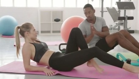 Captivating white chick Mary Kalisy gets intimate with her black yoga instructor