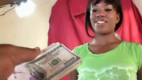 Sexy black chick with well-shaped legs gives head for money