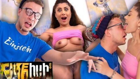 FAKEhub - Hot Indian British model licks the cum of dorks glasses after he cums on his own face