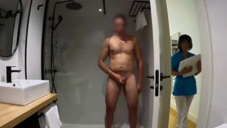 I jerk off in the bathroom until the room service cleaning girl comes in and helps me finish cumming