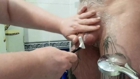 bitch jerks off my dick in the bathroom until I cum