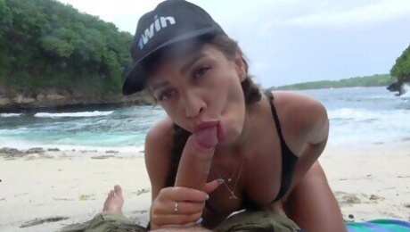 Wild sex on the beach! Hot brunette with pigtails, Huge Cock, Facial!