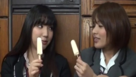 Japanese School Lesbians kissing and licking each other at home