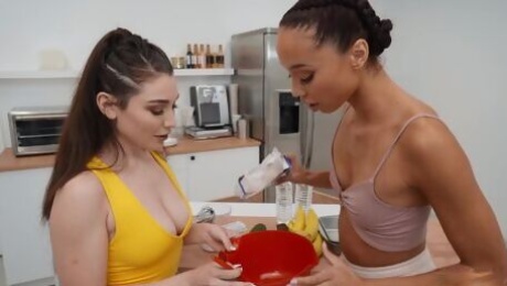 Video  Alexis Tae and Lily Lou are kissing and fucking in the kitchen